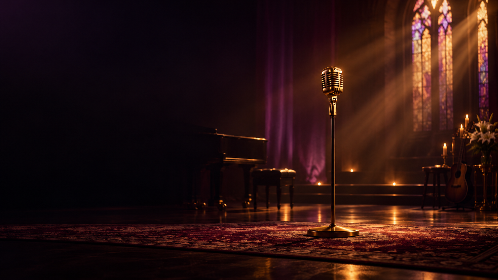 A gold microphone on a warmly lit gospel-soul stage